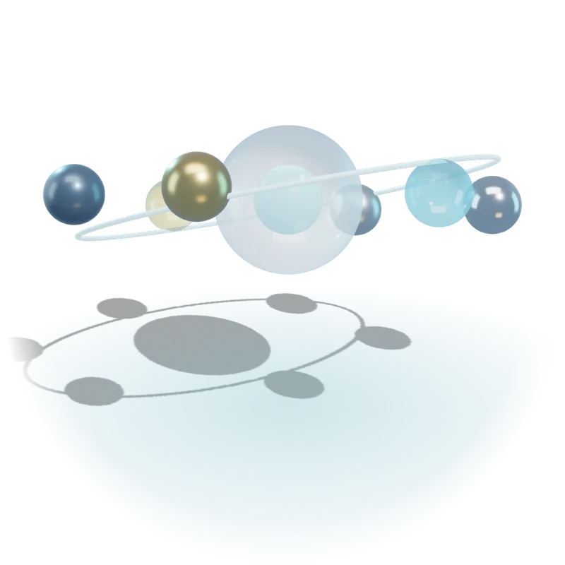 3D illustration of six spheres orbiting a core, one for each industry